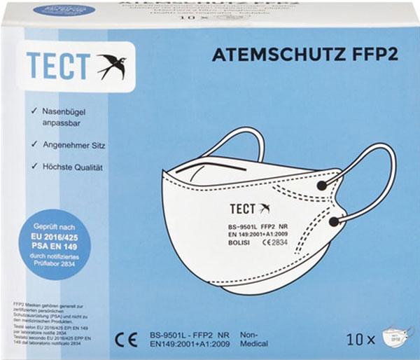 TECT FFP2 Atemschutz Maske faltbar ohne Ventil, 10 Stück