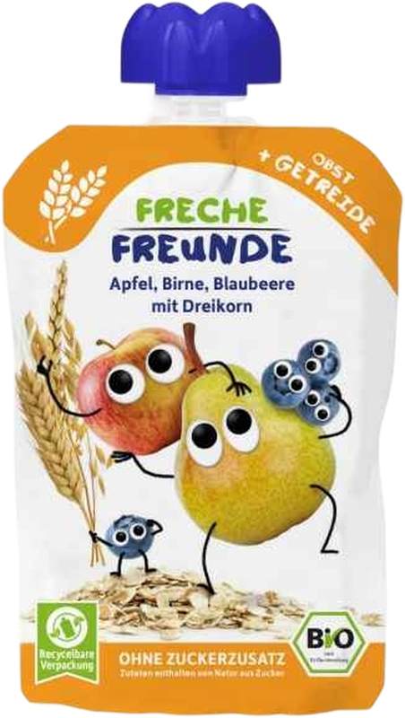 Freche Freunde Quetschmus Apfel, Birne, Blaubeere & Dreikorn, 100 g